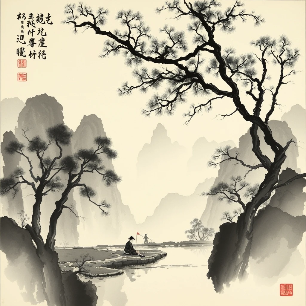 Sitting in Jiangshan, Chinese ink painting - Image