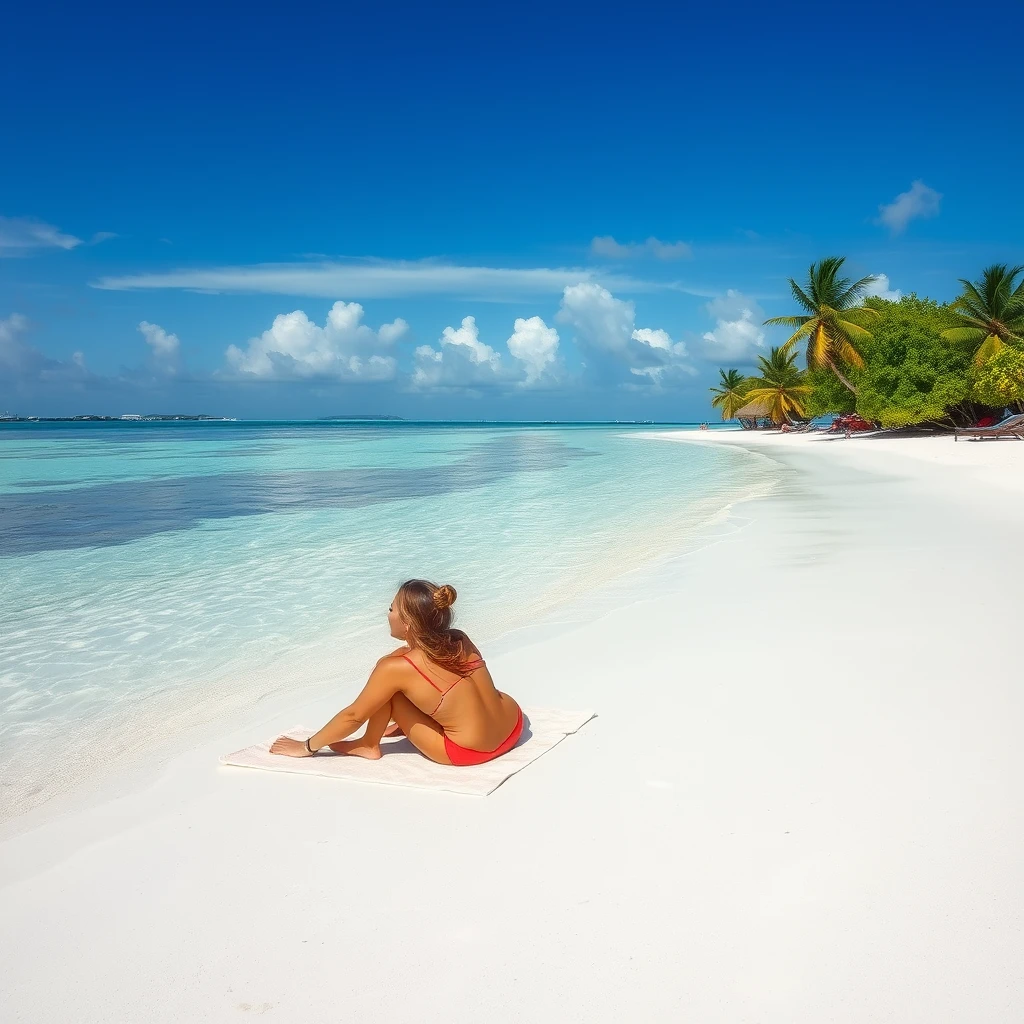 A woman is sunbathing by the beach in the Maldives.