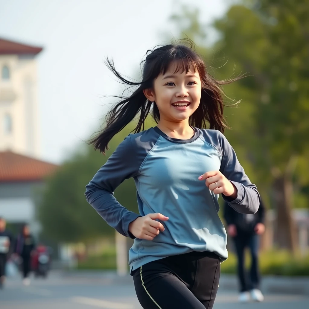 "A Chinese girl running, dressed in yoga clothes."