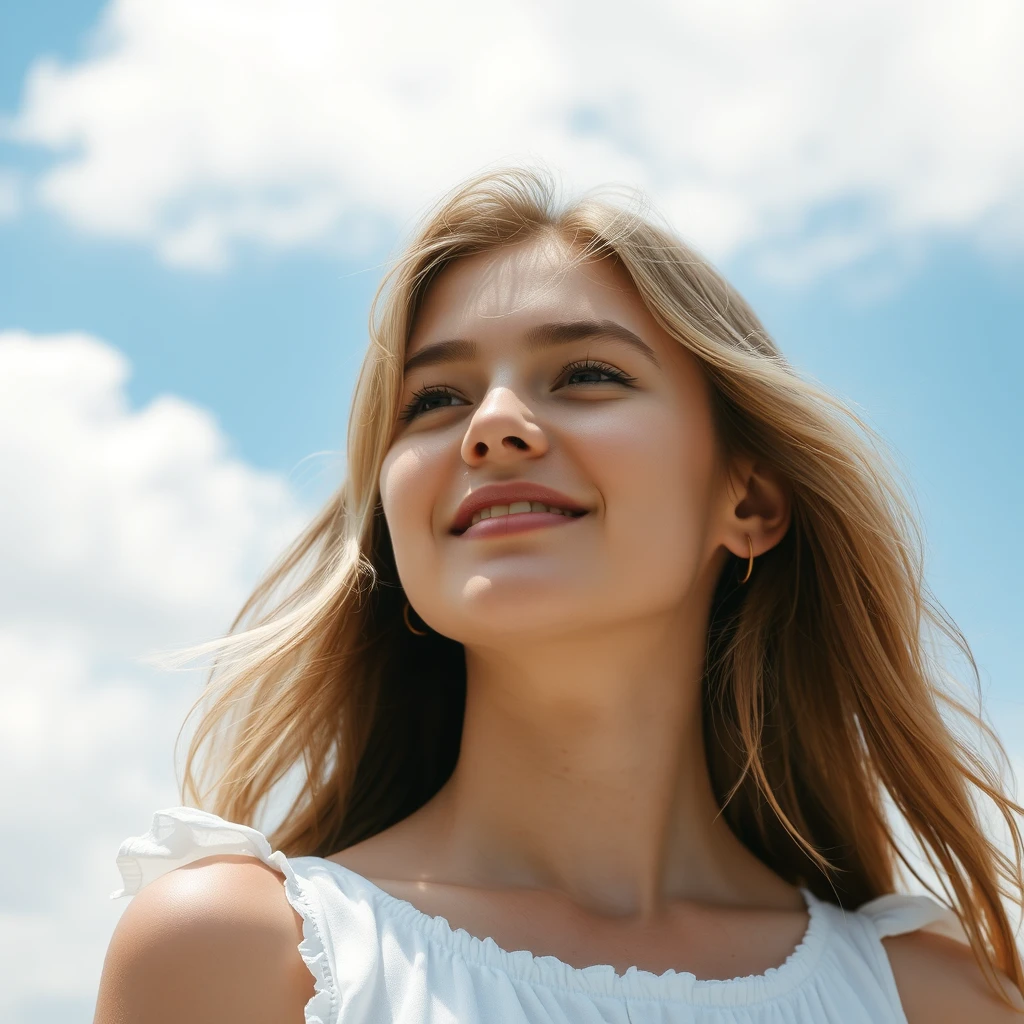 A serene, blissful scene of a young woman in a white dress. The scene feels authentic and unpolished, informal, without heavy makeup. A few strands of light blonde frame the sides of her eyes. The fluffy clouds decorate the clear blue sky.