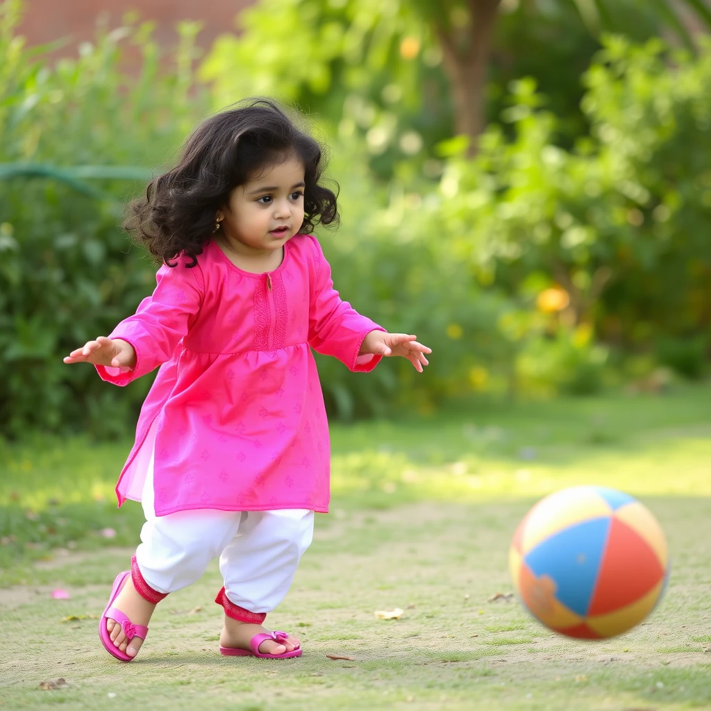 4-year-old girl with curly hair in a pink kameez and white salwar bouncing a ball.