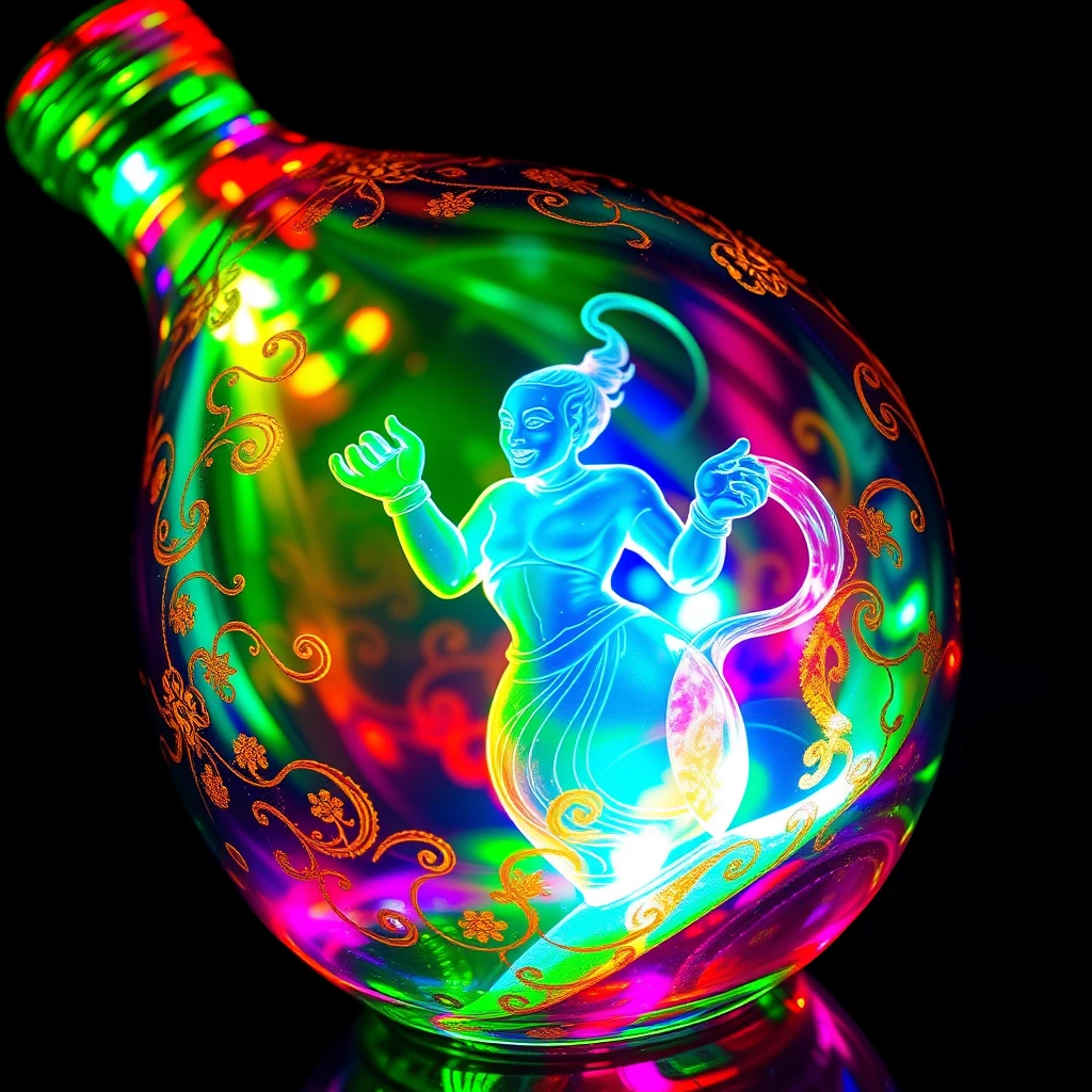 Inside a dazzling luminescent wine bottle, shimmering with hues of emerald green, sapphire blue, and ruby red, lies an ancient genie. This mystical being, trapped for centuries, exudes an aura of otherworldly magic, casting vibrant, prismatic reflections throughout the glass. The bottle itself glows with a soft, enchanting light, illuminating the intricate golden patterns etched into its surface. The genie, swirling within, is a figure of ethereal beauty, their form shifting like liquid light, eyes gleaming with the promise of untold wonders and desires yet to be fulfilled. - Image