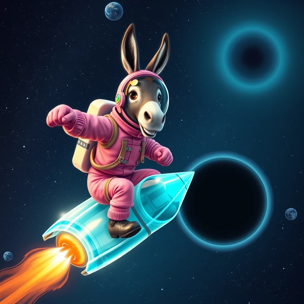 An ambitious donkey wearing pink astronaut costume, riding on a crystal light cyan stunning spaceship, making a punching gesture, flying to the outerspace under a clear night sky with lots of shining stars, passing by a huge black-hole. Realistic style.