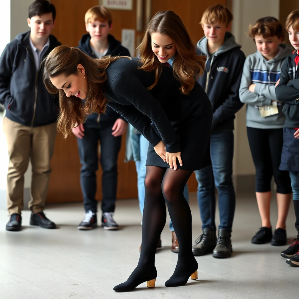 Kate Middleton bending over to pick up a pencil, showing off her legs, wearing black tights and no shoes, with teenage boys behind her staring at her.