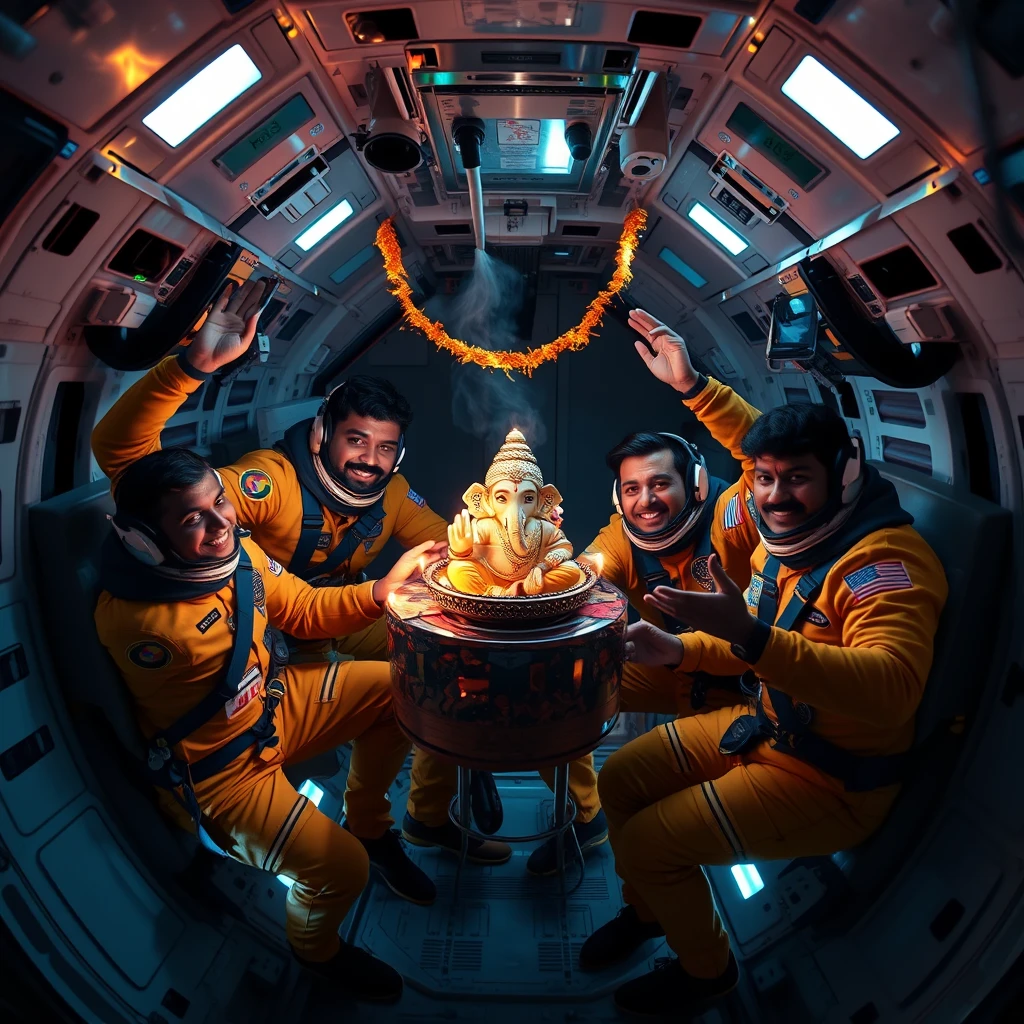 Indian astronauts team celebrating Ganeshotsav in a spaceship, while floating in a zero gravity situation, with lighting decoration.