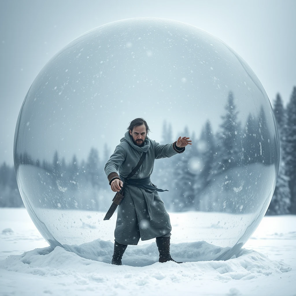 **Theme and Atmosphere**:  
“Helplessness: A man dressed in thin clothing with a haggard face stands within a huge transparent glass dome, pounding against the dome with all his strength, but to no avail. Both inside and outside are covered in snow, creating a desolate and profound world.”

**Background Setting**:  
- “The background features swirling snowflakes and the hazy outlines of a forest, predominantly in pale blue and gray tones, creating a cold and bleak atmosphere.”  
- “In the distance, a blurry snow-laden forest faintly reveals the outline of trees, adding depth to the scene.”

**Glass Dome and Snow Scene**:  
- “The glass dome presents a transparent texture, filled with pure white snowflakes, rich in details and clearly layered, echoing the snowflakes outside.”  
- “The edge of the dome can be appropriately blurred to enhance the transparency of the glass and the sense of spatial depth.”

**Character Depiction**:  
- “The man wears thin clothing, has a haggard appearance, and deep-set eyes, pounding against the glass dome while gazing at the distant hazy sun. It should convey the man’s struggle and resistance, yet evoke a sense of helplessness.”

**Emotion and Meaning**:  
- “The entire scene aims to convey a beauty of helplessness and solitude, allowing viewers to feel the harmony between the man's inner world and the external environment.”  
- “Through the metaphor of the glass dome, one can explore the barriers and connections between the individual and the outside world, as well as the insignificance of a person in the face of life.”

**Details and Decorations**:  
- “Pay attention to the handling of light and shadow effects, using the light reflected by the snowflakes to enhance the brightness and depth of the scene.”  
- “Without affecting the overall atmosphere, some small decorative elements such as falling snowflakes and plants in the cold wind can be added appropriately.”

**Style and Techniques**:  
- “Please use delicate and emotionally charged brushwork, focusing on the harmonious combination of color and light and shadow.”  
- “In terms of composition, pay attention to the balance and contrast to ensure the artwork is both stable and dynamic.”