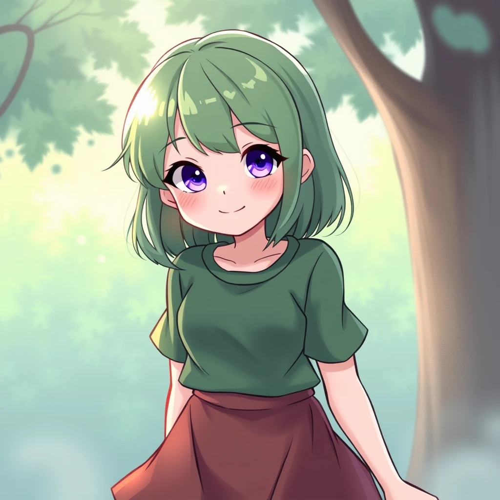 1 girl, Tina Branford, green hair, violet eyes, green three-quarter shirt, brown skirt, happy, looking at viewer - Image