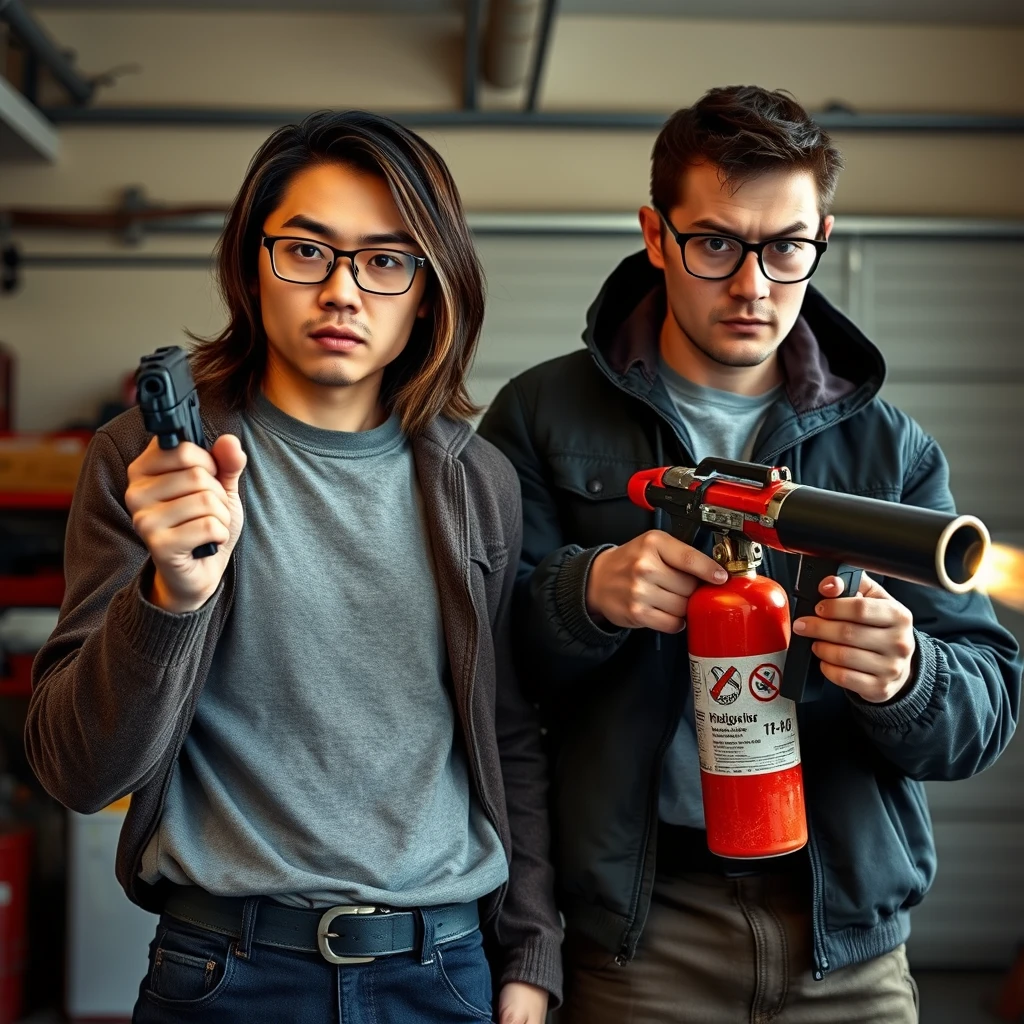 21-year-old white thin long-faced young northern Chinese man with a square chin, wearing square glasses, holding a pistol, with medium/long length hair; 21-year-old white Italian man wearing round glasses and short hair holding a very large fire extinguisher flamethrower; garage setting; both angry. - Image