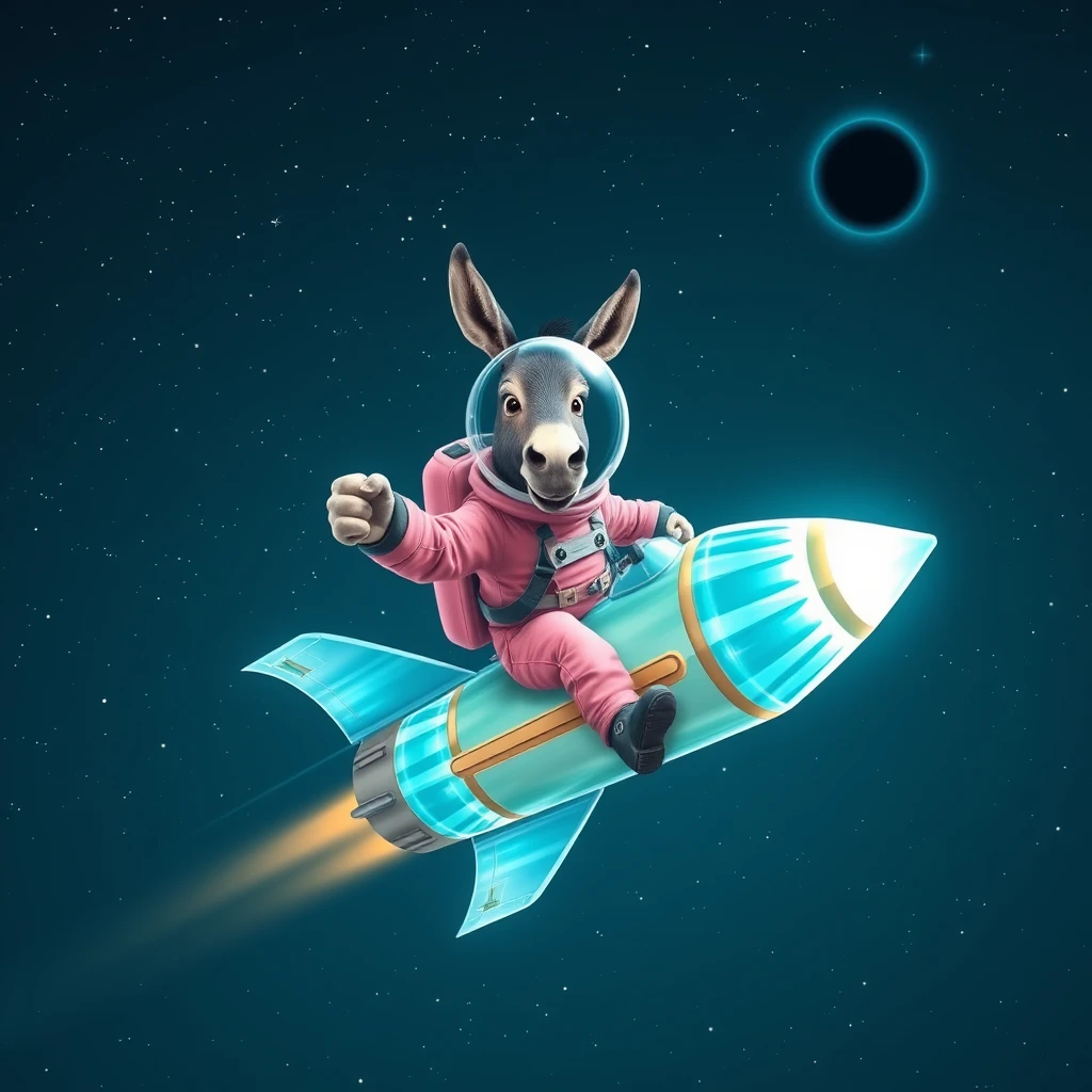 An ambitious donkey wearing pink astronaut costume, riding on a crystal light cyan stunning spaceship, making a punching gesture, flying to the outerspace under a clear night sky with lots of shining stars, passing by a huge black-hole. Realistic style.