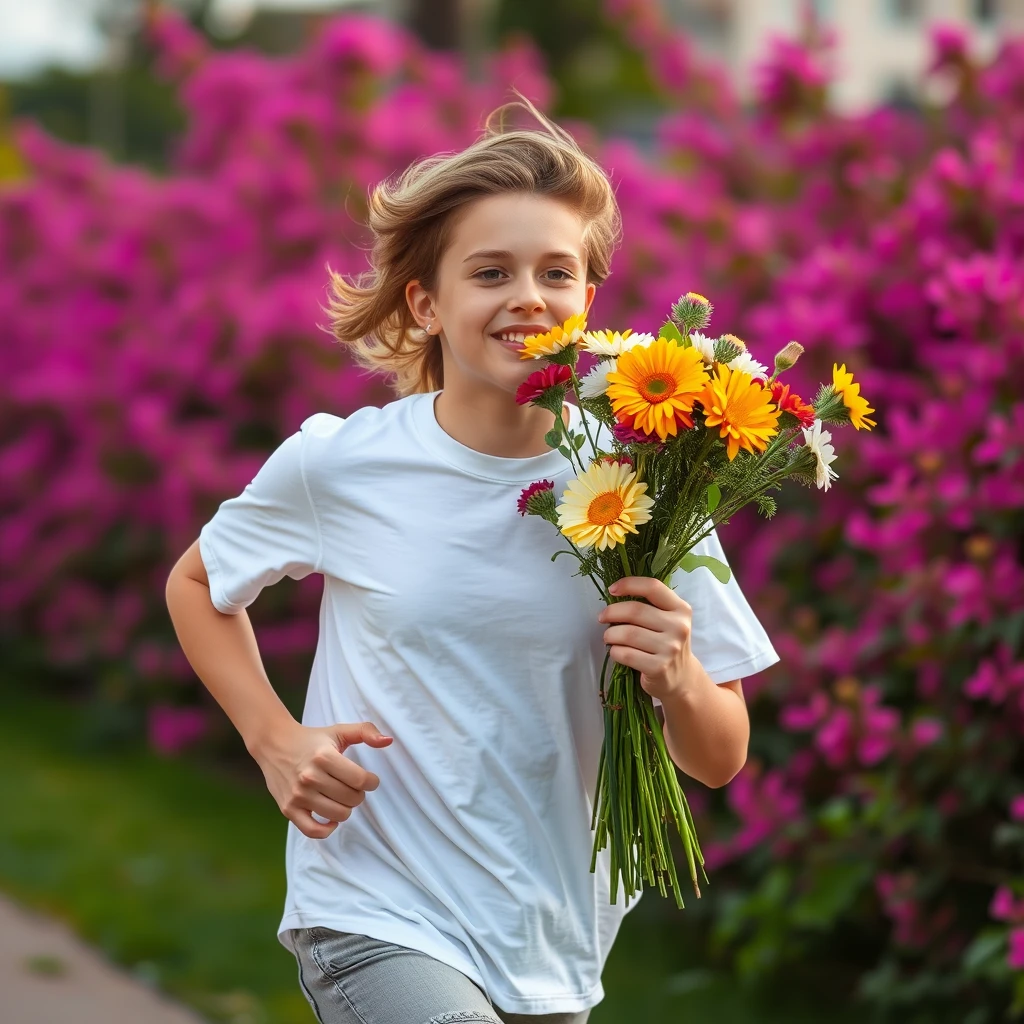 A teenager ran with a bunch of flowers

