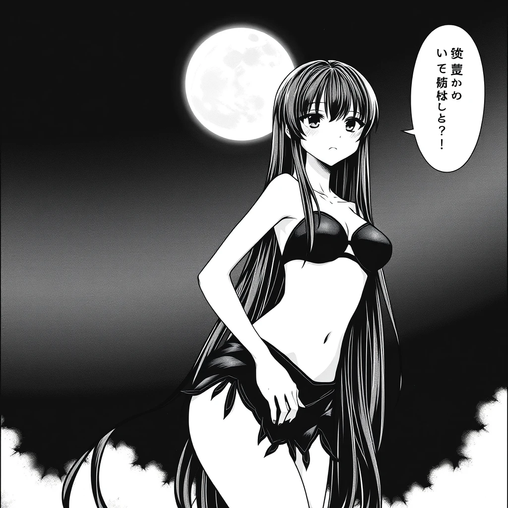 Girl with long, black hair in a black bikini. In the background, a black sky with a big, bright moon. Manga, grayscale.