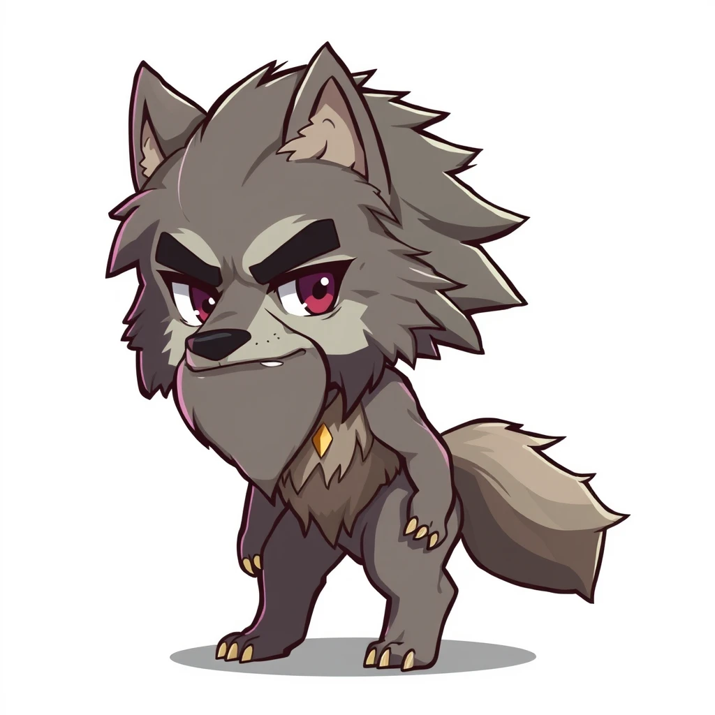 "a 2D, chibi-style werewolf, with a beard, and the lower half of its body looks human, the whole body resembles"