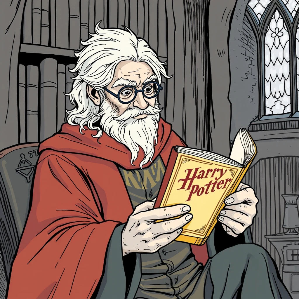 Graphic Novel: Albus Dumbledore reads a Harry Potter book.