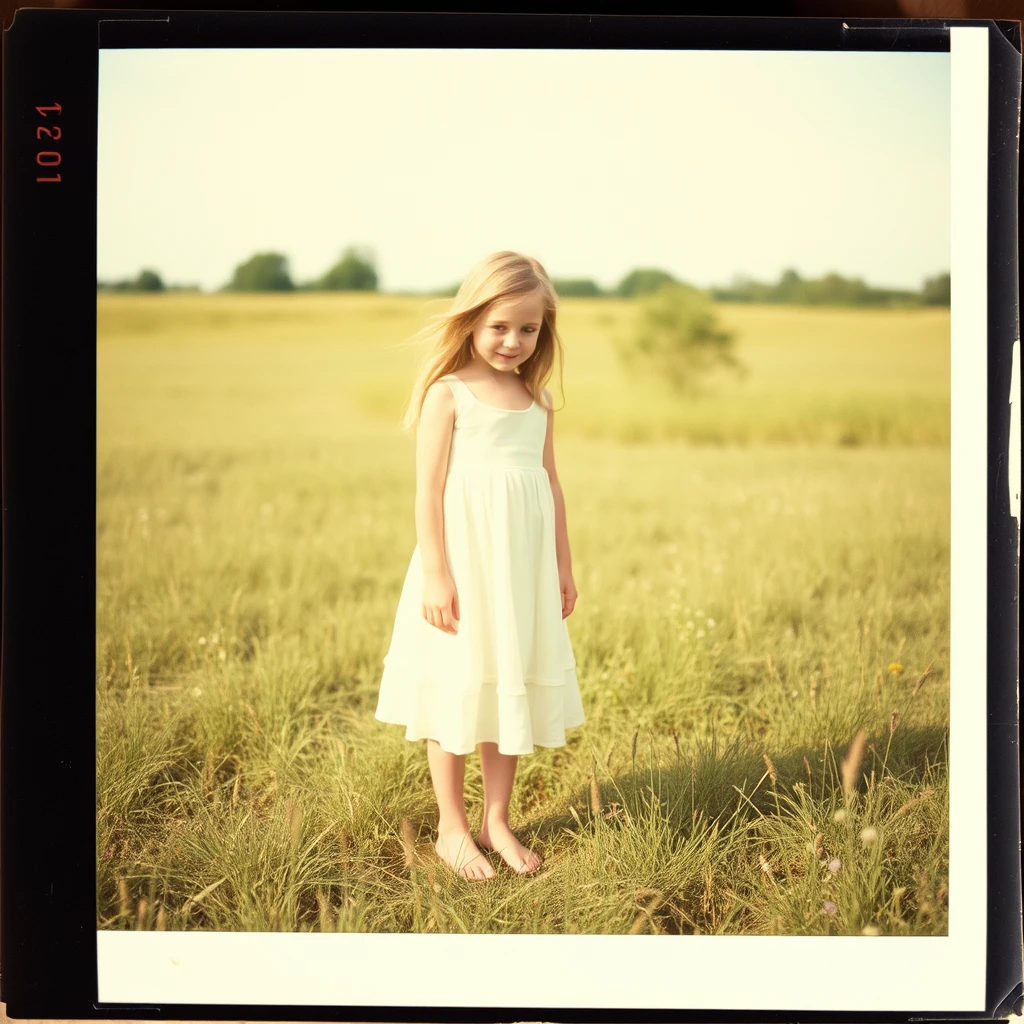 creepy polaroid picture from the 80s of a beautiful girl in a white dress, barefoot on a meadow during summertime.