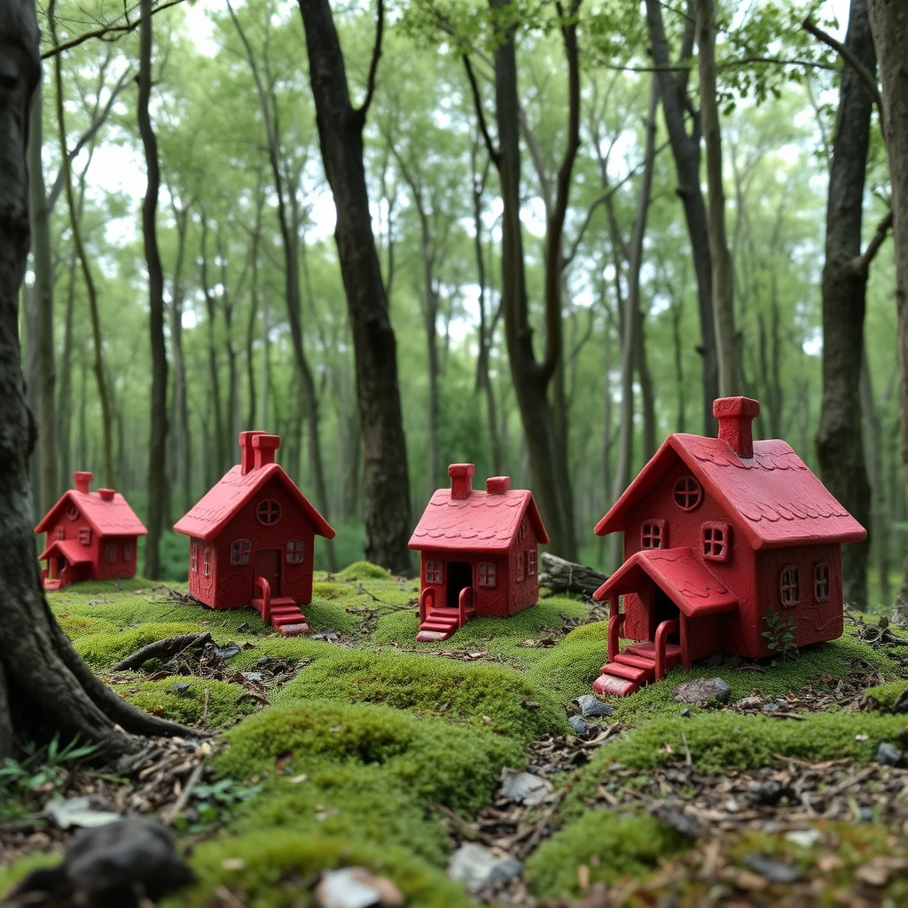 Giant Evil red houses made from modeling clay in the natural forest.