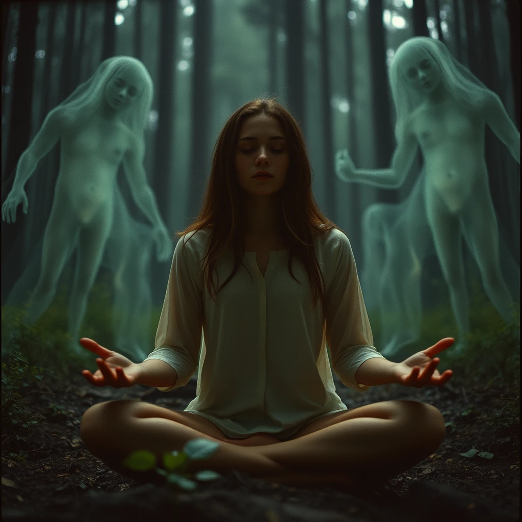 35mm film close up portrait of a person meditating in a serene forest clearing, surrounded by ghostly apparitions of past struggles, hyper-detailed nature elements, dark and mysterious background. - Image