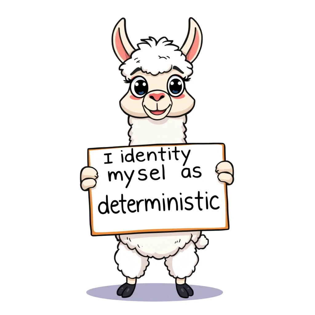 Cartoon llama holding a placard that says "I identify myself as deterministic", digital art style, vibrant colors, humorous expression, white fluffy llama with big eyes, placard held by hooves, clean lines, playful design, against a simple background.