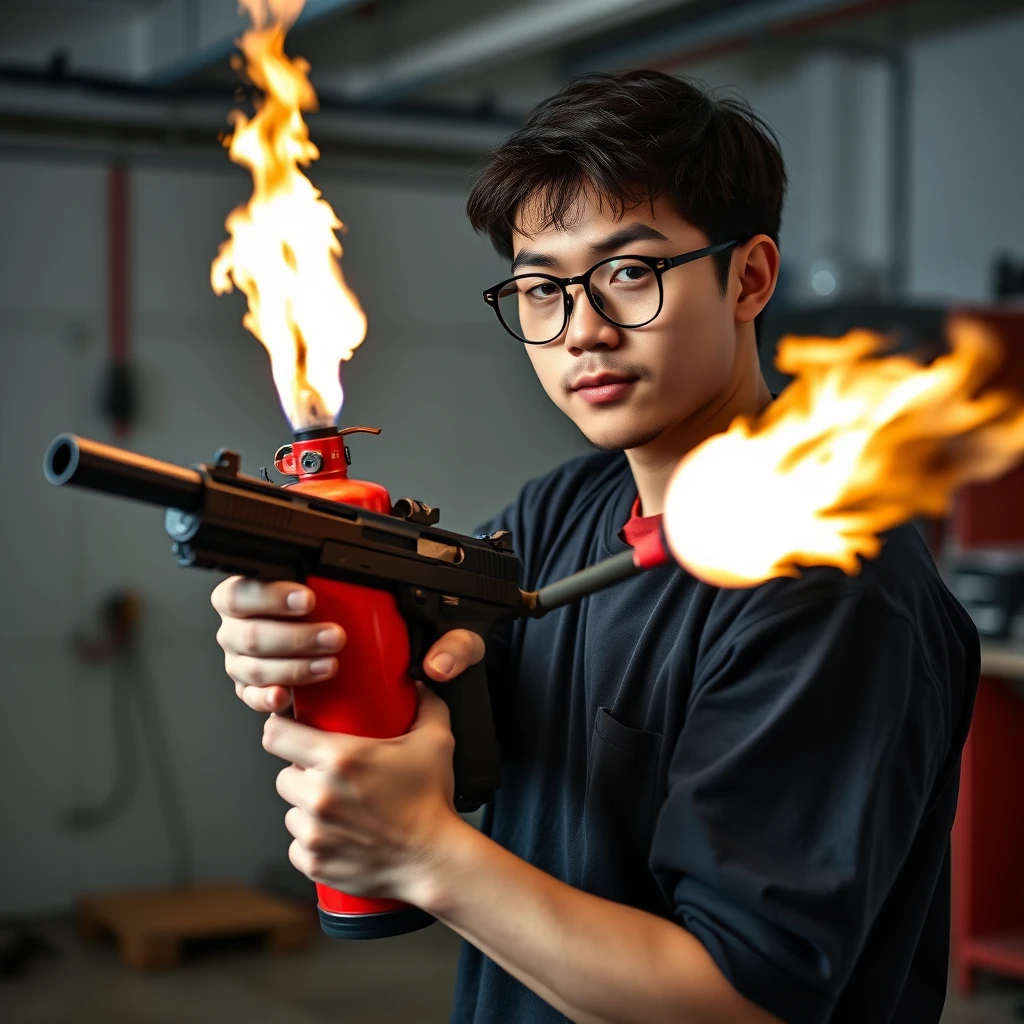 21-year-old white northern Chinese man wearing square glasses, with mid/long fringe black hair, holding a Glock. 21-year-old white Italian man wearing round glasses and short brown hair, holding a very large fire extinguisher flamethrower, in a garage setting. - Image