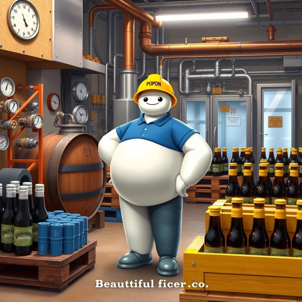 Baymax in a beer bottling plant surrounded by machinery, a barrel, gauges, measuring instruments, pallets, bottles of beer, dressed in a blue polo shirt, blue jeans, and a yellow helmet that has the word POPON written on it, with a caption below in beautiful letters. - Image