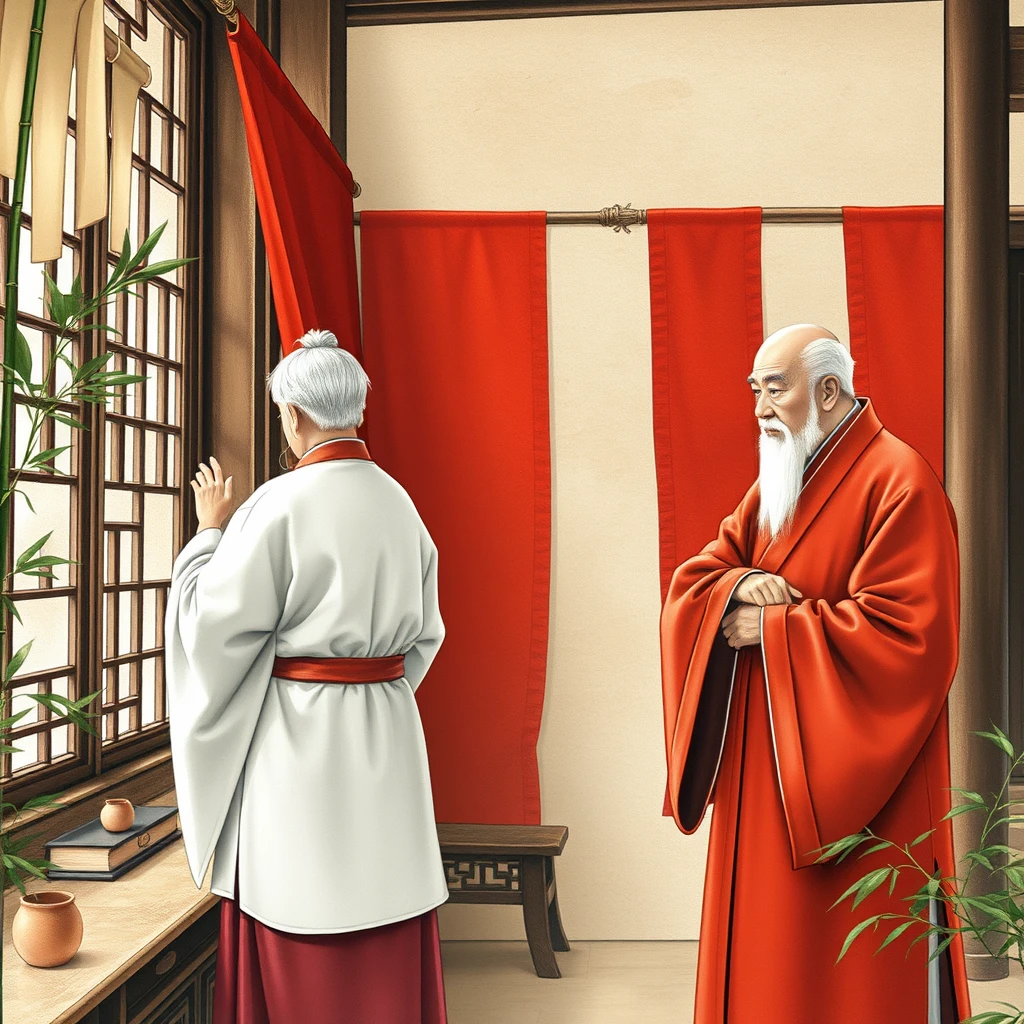 In the ancient study, bamboo slips are everywhere. Fu Boyang stands by the window in deep thought. Two elderly men with white hair, simply yet elegantly dressed, one in white and the other in red, are accompanied by deep red curtains. They wear wide robes with large sleeves, made of thick cloth in plain colors. 

Fantastic art poster, ancient China, beautiful scenery, fresh and bright, best quality, 8K resolution, close-up shot. - Image