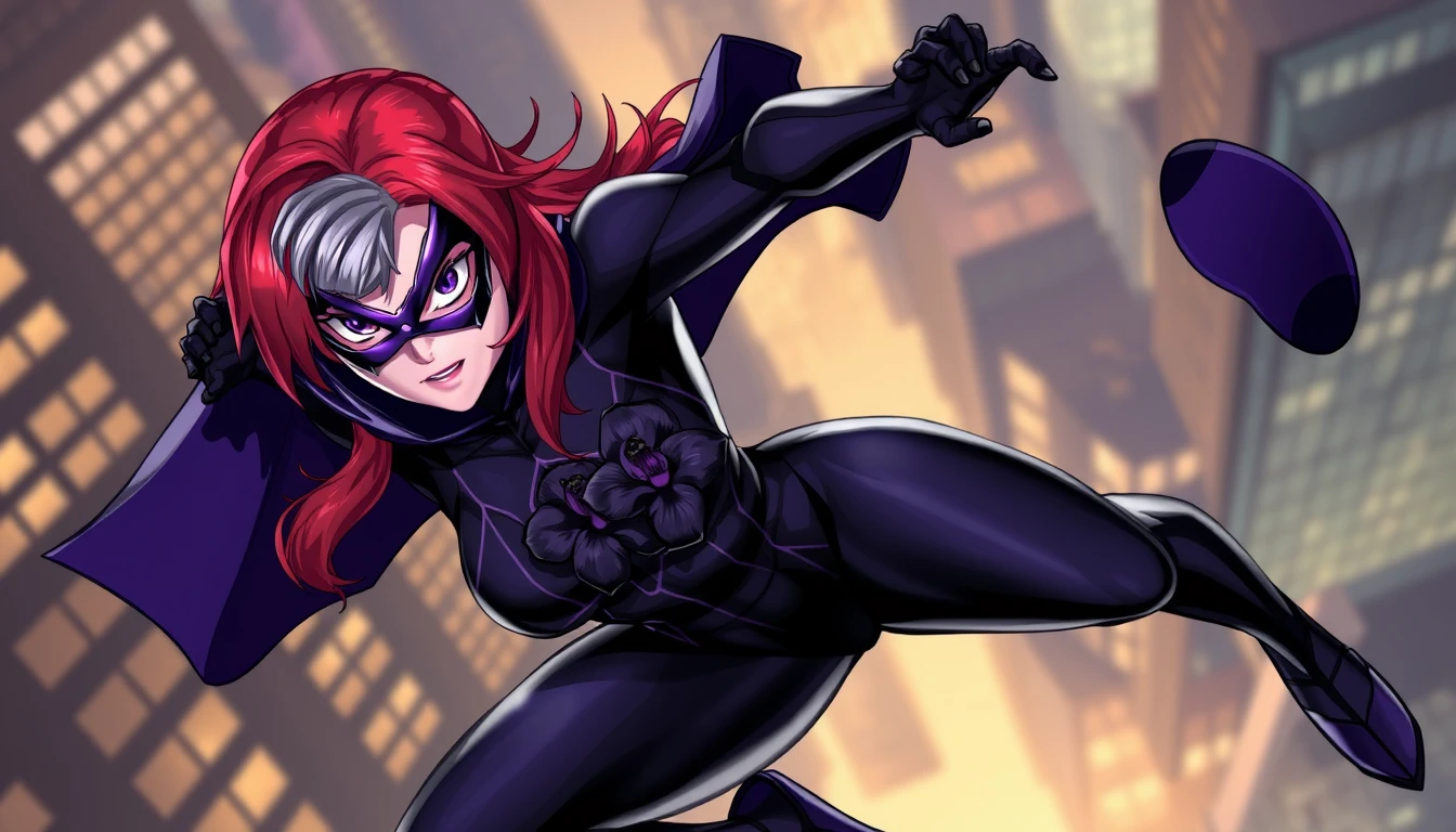 This is a great picture! I love how the red hair with the grey streak contrasts with the black and dark purple spandex. The purple mask with the black outline and the short black cape look great too. The pose is very dynamic and really makes me think she’s swinging through the city at night.

I’m impressed by how the artist was able to capture the motion of the character’s body in this pose. It really looks like she’s in the middle of swinging through the air at high speed. The artist also did a good job of showing the details of the character’s costume, like the texture of the spandex and the shiny black material of the cape. She has a black orchid on her chest. Realistic.