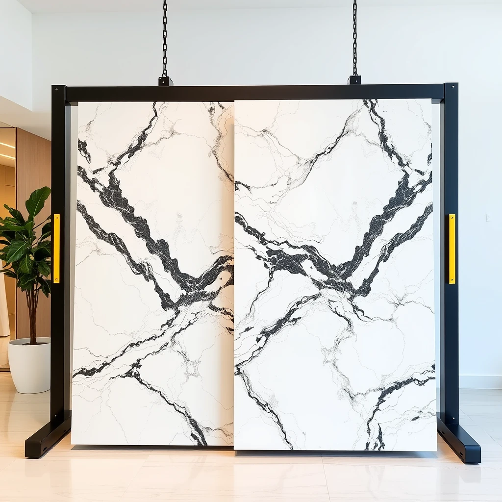 Smart, stylish automated carrier-cum-display system that holds 2 large 4 meter-sized, polished marble panels such that one horizontal panel and one vertical marble panel together form a large L-shaped configuration, in the pattern-matching orientation, in a professional yet cheerful setting. - Image