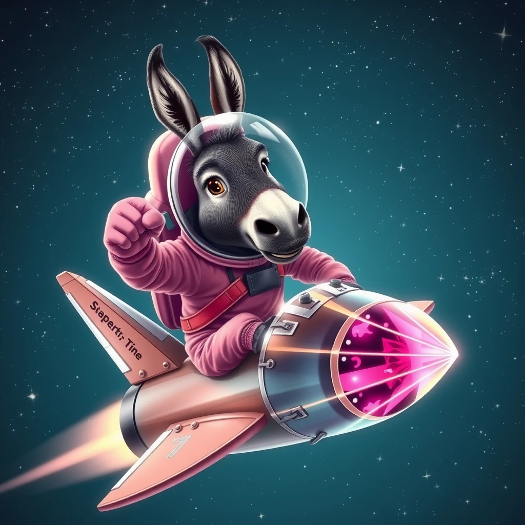 An ambitious donkey wearing pink astronaut costume, riding on a crystal stunning spaceship, making a punching gesture, flying to the outerspace under a clear night sky with lots of shining stars. Realistic style. - Image