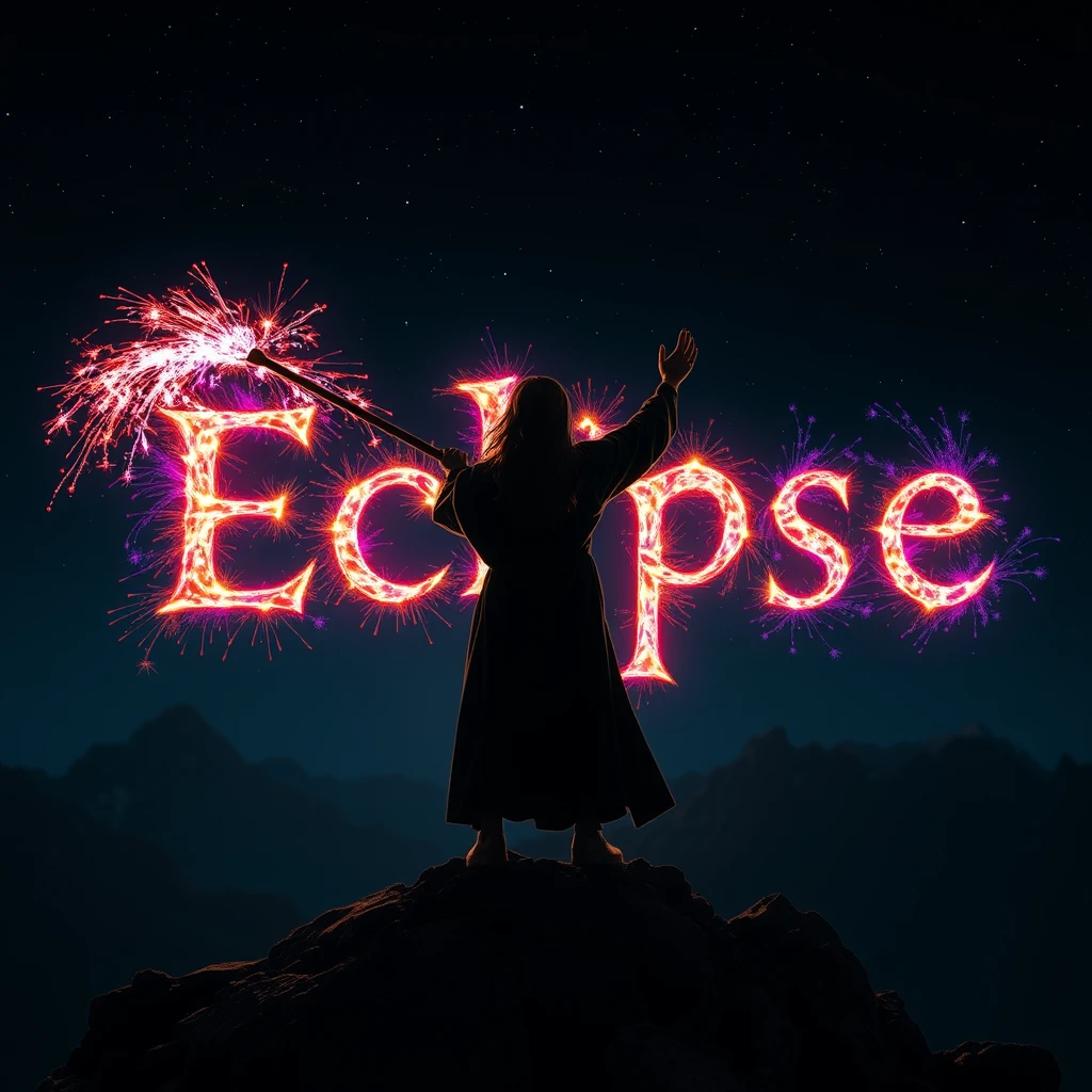 Setting: The peak of a craggy, windswept mountain summit, silhouetted against a dark, starry night sky.  
Character: A young man with long, dark hair, clad in a flowing dark robe, stands with his back to the viewer. He holds his right arm raised, wielding a staff that erupts with a torrent of multicolored magic.  
Action: The magic emanating from the staff forms the word "Eclipse" in vibrant, luminous letters, resembling a dazzling firework display against the backdrop of the night sky.  
Lighting: The magical light from the staff illuminates the surrounding area, casting the wizard's figure in a dramatic silhouette. The stars twinkle faintly in the dark sky above.  
Style: Realistic film style, emphasizing the grandeur of the landscape and the magical effects. The scene should evoke a sense of wonder and awe.  
Color Palette: Primarily dark and atmospheric, with the vibrant colors of the magic standing out in stark contrast. The "Eclipse" word should be formed with a spectrum of bright, distinct colors.