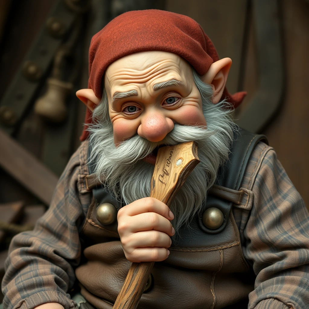 A dwarf with leather overalls sowing leather together and chewing on a piece of wood. - Image