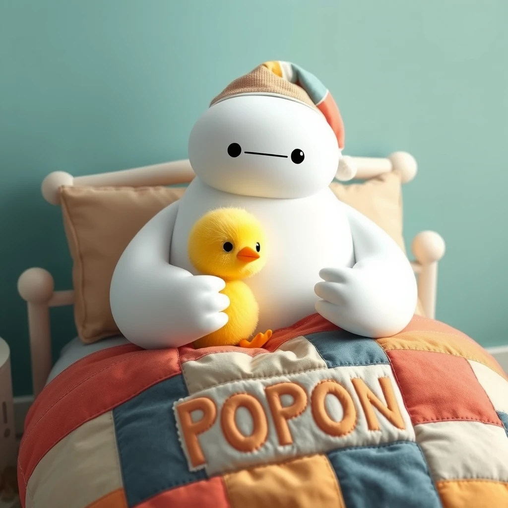 Baymax with a colored nightcap, holding a cute yellow kawaii hatchling in the most adorable kawaii bed in the world with the word POPON sewn on the patchworked padding.