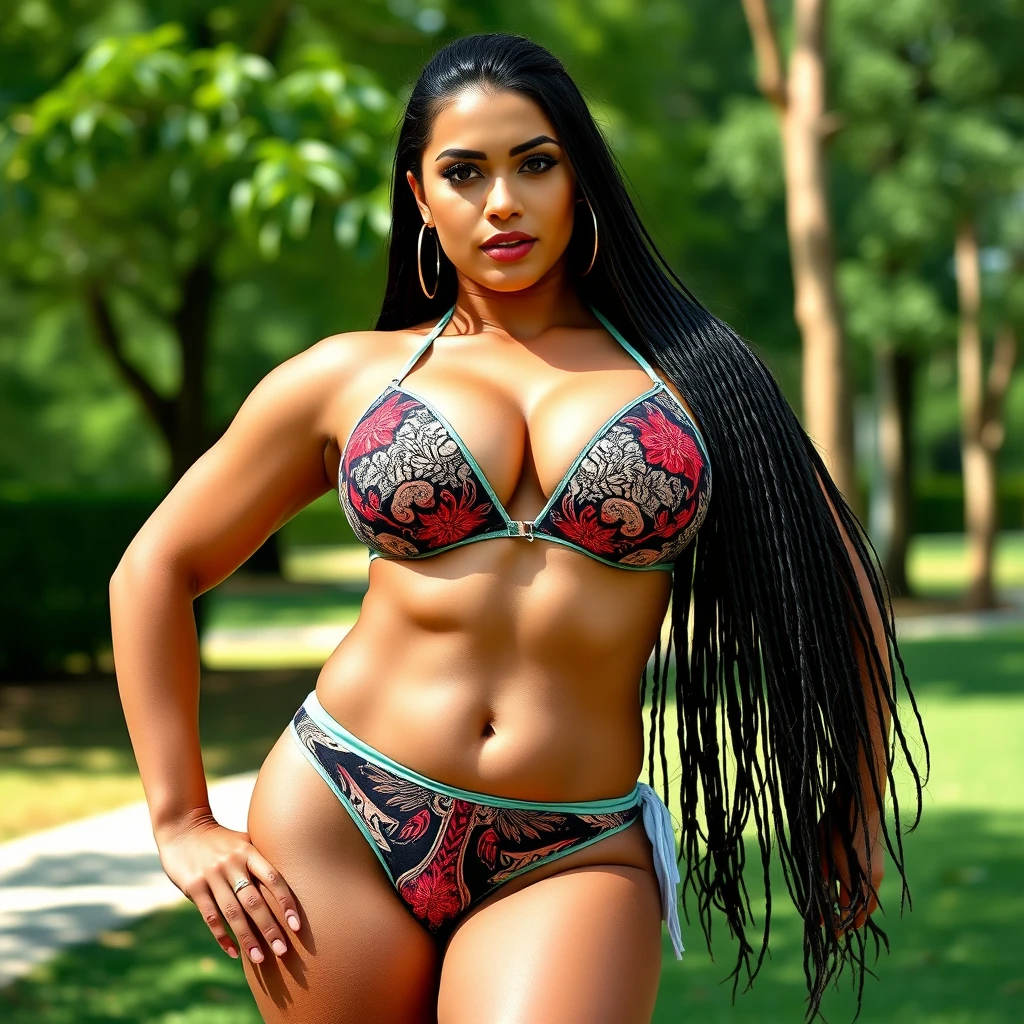 Busty fitness model in a bikini at the park, huge boobs, cleavage. - Image