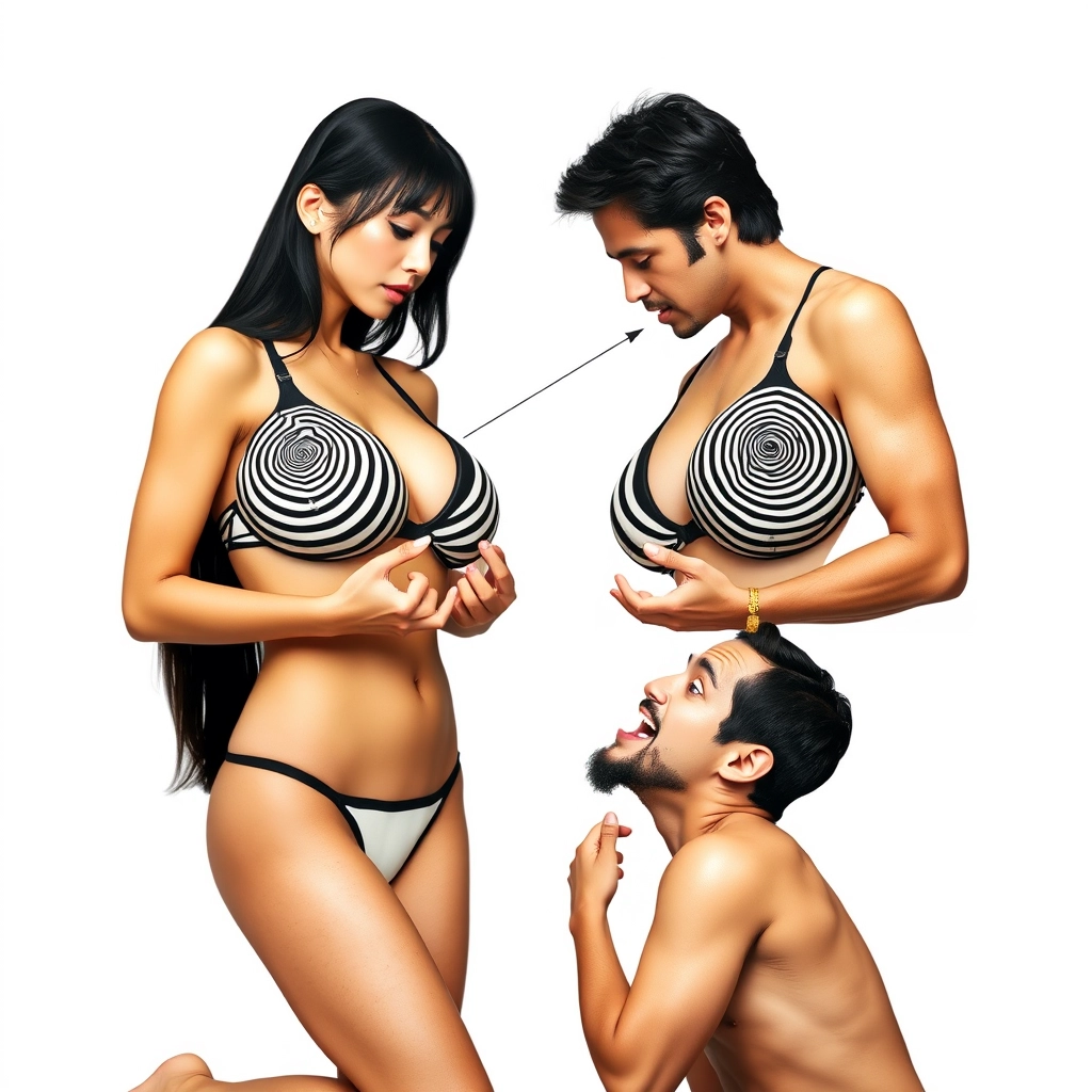 A striking advertisement poster for the HypnoBra featuring a direct face-to-face interaction between a Japanese model and a Caucasian man. The poster shows the Japanese model with long black hair, wearing the HypnoBra bikini, which has hypnotic black and white spirals on each large, prominently-sized breast. She is posed with her hands cupping her large assets to emphasize the spiral design. Directly in front of her, a Caucasian man is kneeling and facing her, completely hypnotized by the design. His eyes are wide and clearly fixed on the bra, with visual cues such as Morse-like lines or arrows pointing from his eyes to the bra to emphasize his intense focus. He is drooling slightly, showing his deep fascination. The background is a simple, neutral color to keep the focus on their interaction, with no text on the poster. - Image