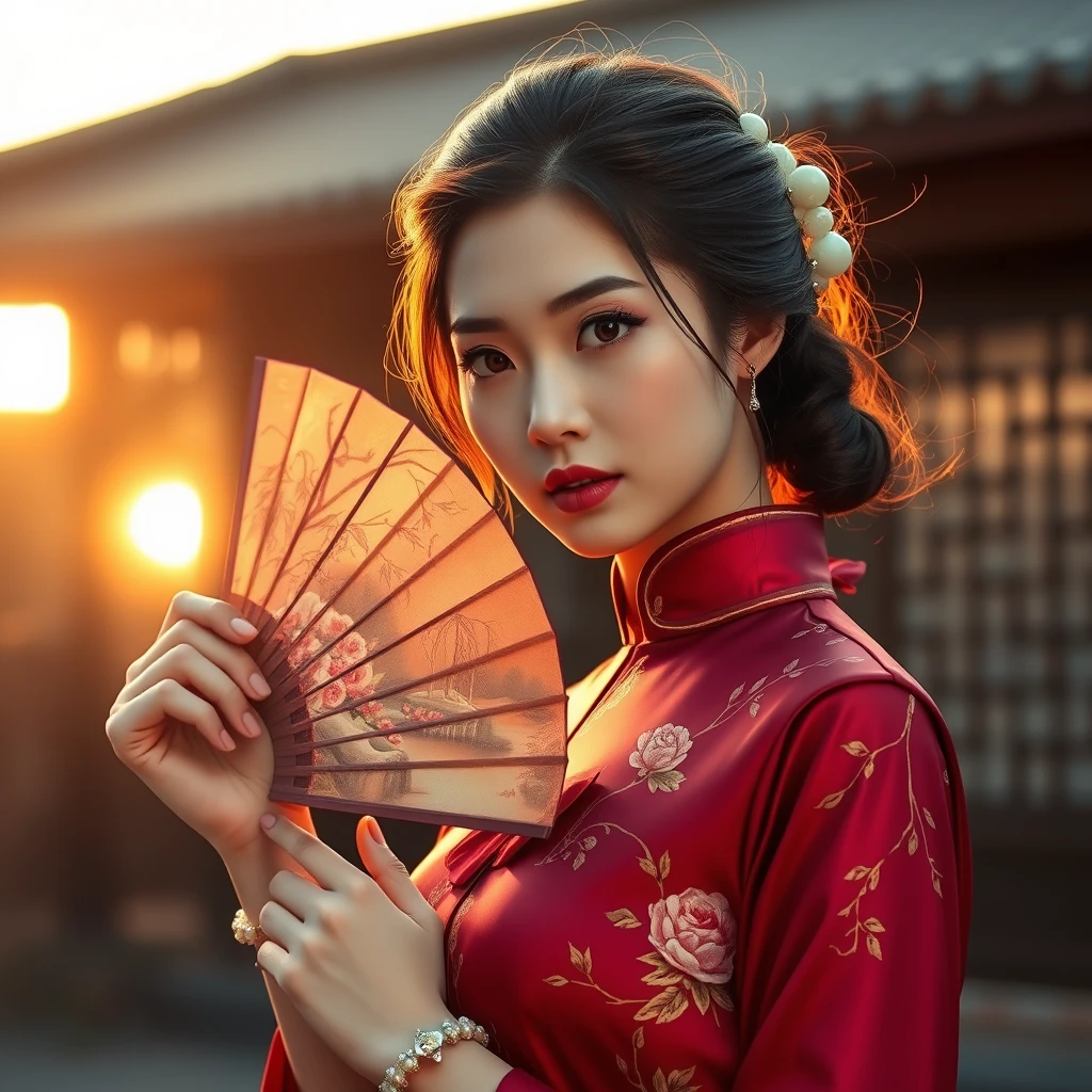 Here's a creative AI art prompt for a Chinese retro-style beauty:

"Imagine a graceful Chinese beauty standing in a traditional courtyard bathed in the soft glow of the setting sun. Her hair is styled in a classic chignon, adorned with delicate jade hairpins that catch the light. Her eyes are framed by long, sweeping lashes and are a deep, mysterious brown, reflecting the ancient wisdom of the East.

She is dressed in a qipao, a form-fitting silk cheongsam in a rich burgundy hue, embroidered with golden threads that depict a scene of peonies and bamboo. The qipao's high collar and slits reveal glimpses of her porcelain skin, while the fabric flows elegantly with her every movement.

In her hand, she holds a delicate silk fan, painted with a scene of a tranquil lake and willow trees, which she uses to subtly shield her face. Her wrists are adorned with jade bracelets that jingle softly as she moves, adding a musical element to her presence.

The courtyard is surrounded by a traditional Chinese garden, with a stone bridge arching over a koi pond, its surface rippled by the gentle breeze. The garden is filled with the fragrance of blooming plum blossoms and the sound of a guqin being played in the background, creating an atmosphere of tranquility and elegance.

The walls of the courtyard are adorned with traditional Chinese paintings and calligraphy, reflecting the rich cultural heritage. The setting sun casts warm, golden hues on the scene, creating a serene and timeless moment captured in the beauty's poised stance and gentle smile."

This prompt is designed to inspire a detailed and atmospheric artwork that captures the essence of Chinese retro style with a focus on elegance, cultural richness, and the interplay of light and shadow.
