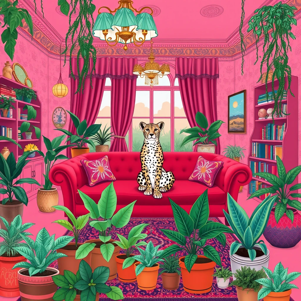 "A maximalist illustration of a cheetah sitting on a red couch in a pink living room, surrounded by flower pots. The room features decorative wallpaper, unique lighting elements, a colorful Persian rug, large windows with velvet curtains, and various books and art pieces. The space is filled with tropical plants, succulents, and hanging vines, creating a lush atmosphere."