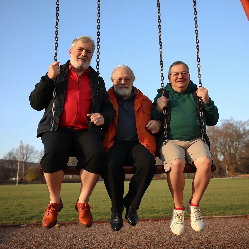 3 larger older trans men in the park on swings wearing women’s clothes - Image