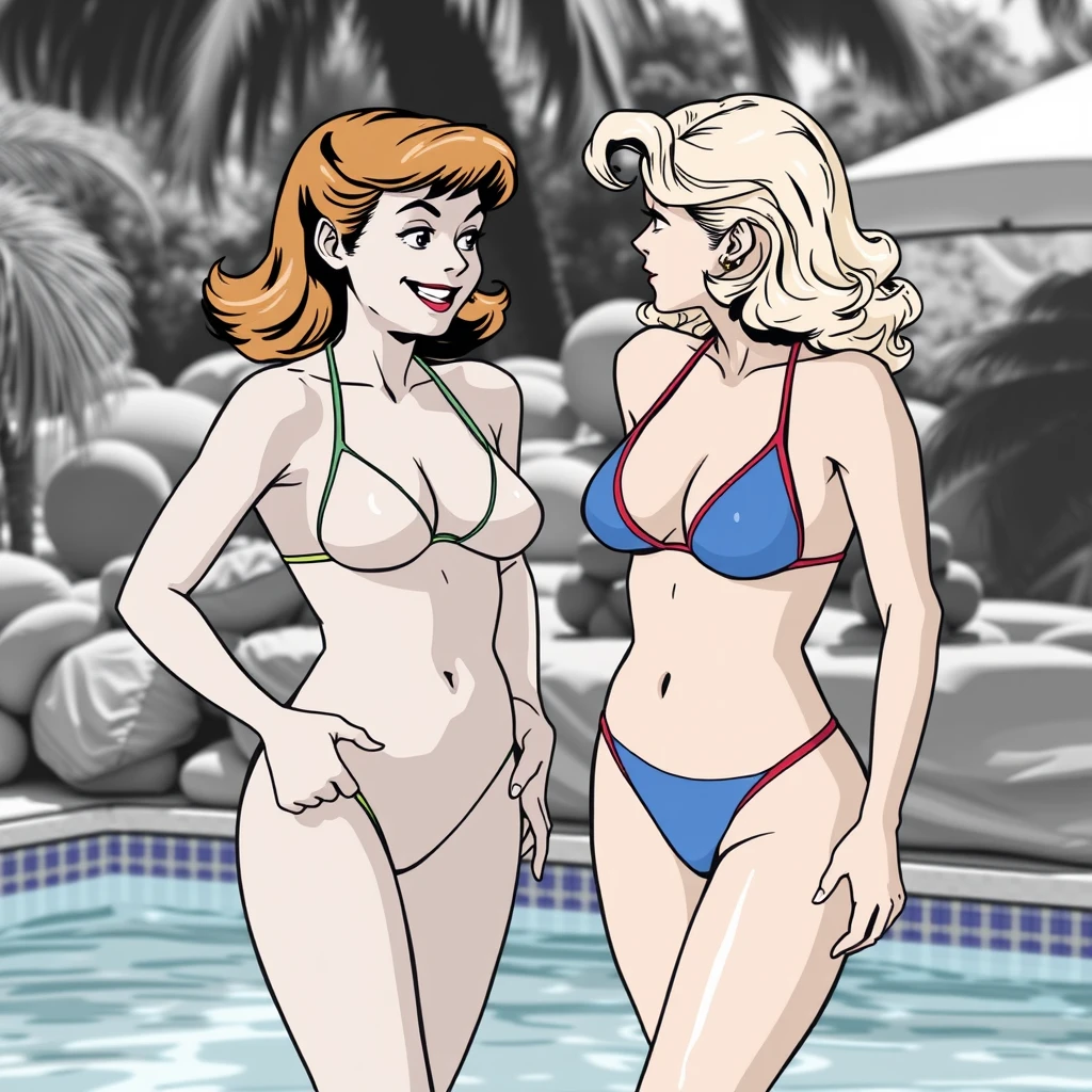 Alice giggles impishly as she and Betty compare to see who has the more revealing swimsuit.