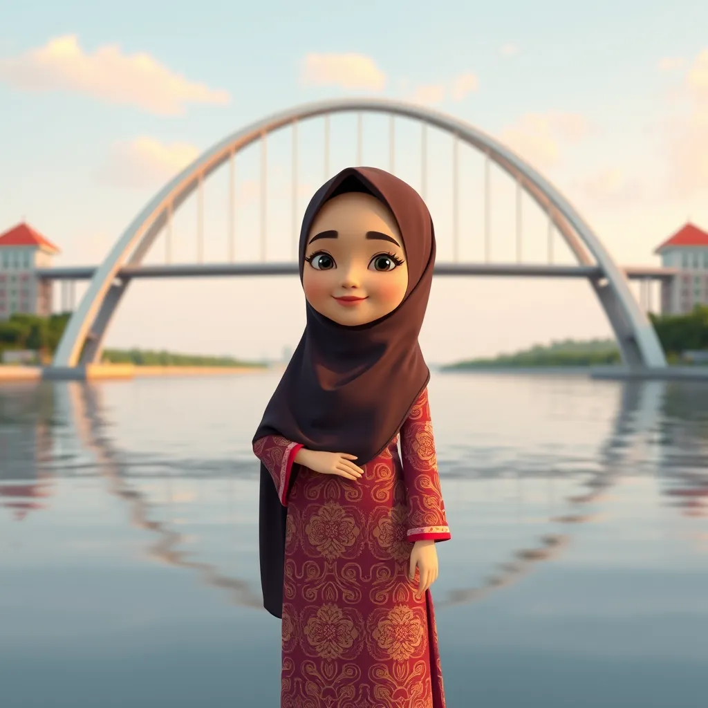 A 3D cartoon animation of a Muslim woman from Palembang, Indonesia, wearing a traditional long songket dress. She stands gracefully in front of the iconic Ampera Bridge, which arches beautifully in the background. The scene is rendered in stunning 8k resolution, capturing the vibrant colors and intricate details of the songket fabric. The woman's expression is serene and peaceful, with a gentle smile. The overall atmosphere is warm and welcoming, showcasing the cultural beauty and elegance of Palembang. - Image