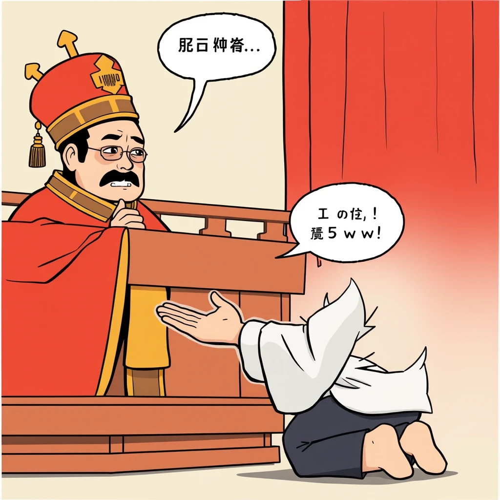 Asian comic, lineart, a man kneels before the judge and is crying. The Chinese judge held out his hand and said very sneeringly: "Give me 5w first." - Image