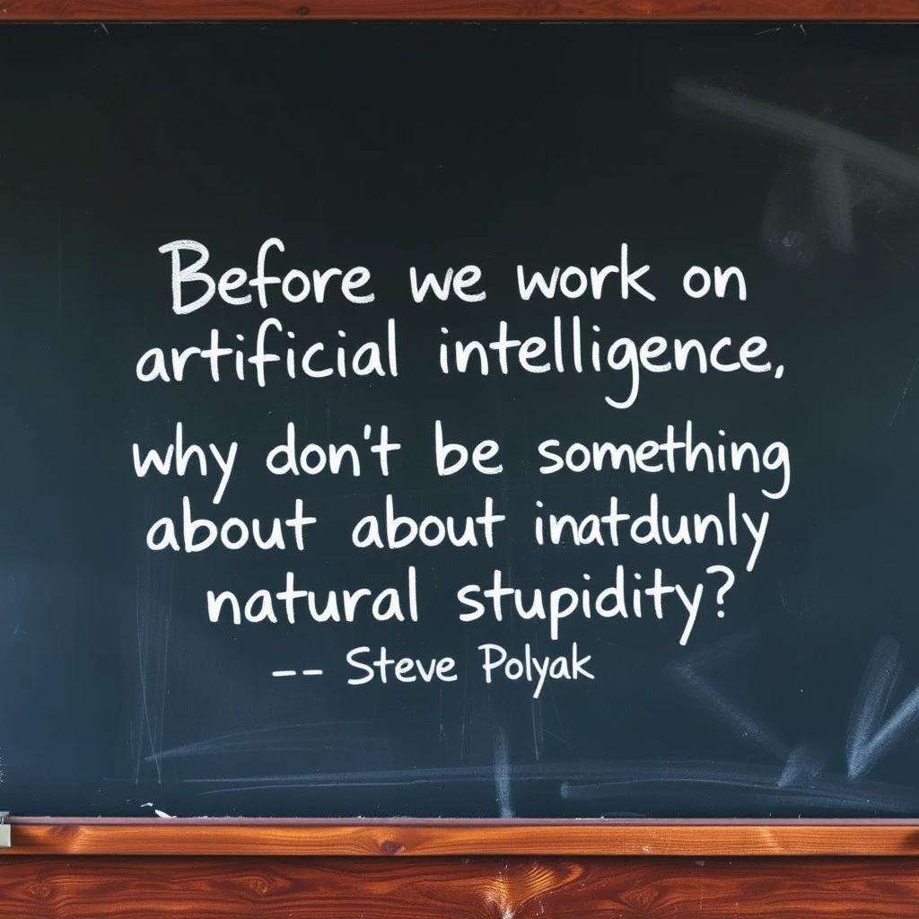 Chalk writing on a chalkboard that says “Before we work on artificial intelligence why don’t we do something about natural stupidity?”

—Steve Polyak, on a classroom style chalkboard. - Image