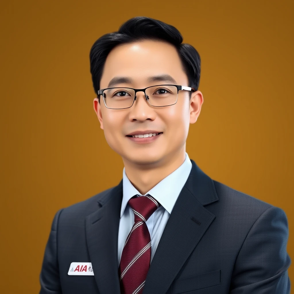 Generate a 3D photo of a Chinese male insurance agent from AIA. He does not wear spectacles. He is 40 years old and posing for his portrait photo. - Image