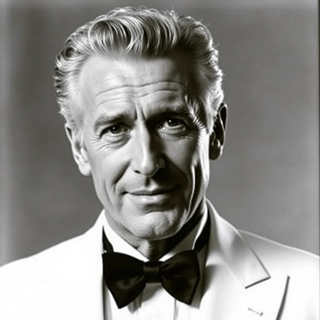 A publicity still of Paul Newman in black and white, wearing a white tuxedo.