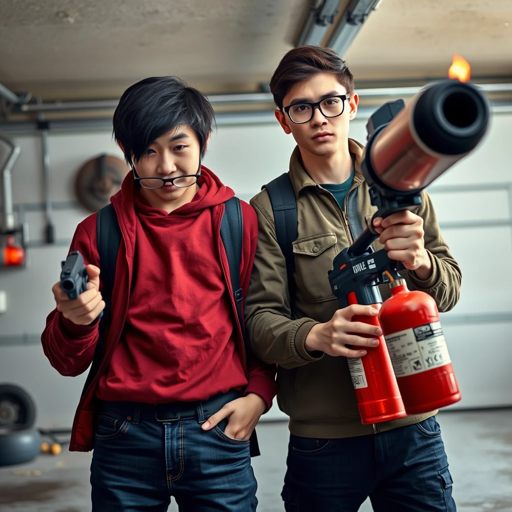 21-year-old white thin long-faced young northern Chinese man with a square chin, wearing square glasses, holding a pistol, "medium/long length hair"; 21-year-old white Italian man wearing round glasses and short hair holding a very large fire extinguisher flamethrower; garage setting; both angry.