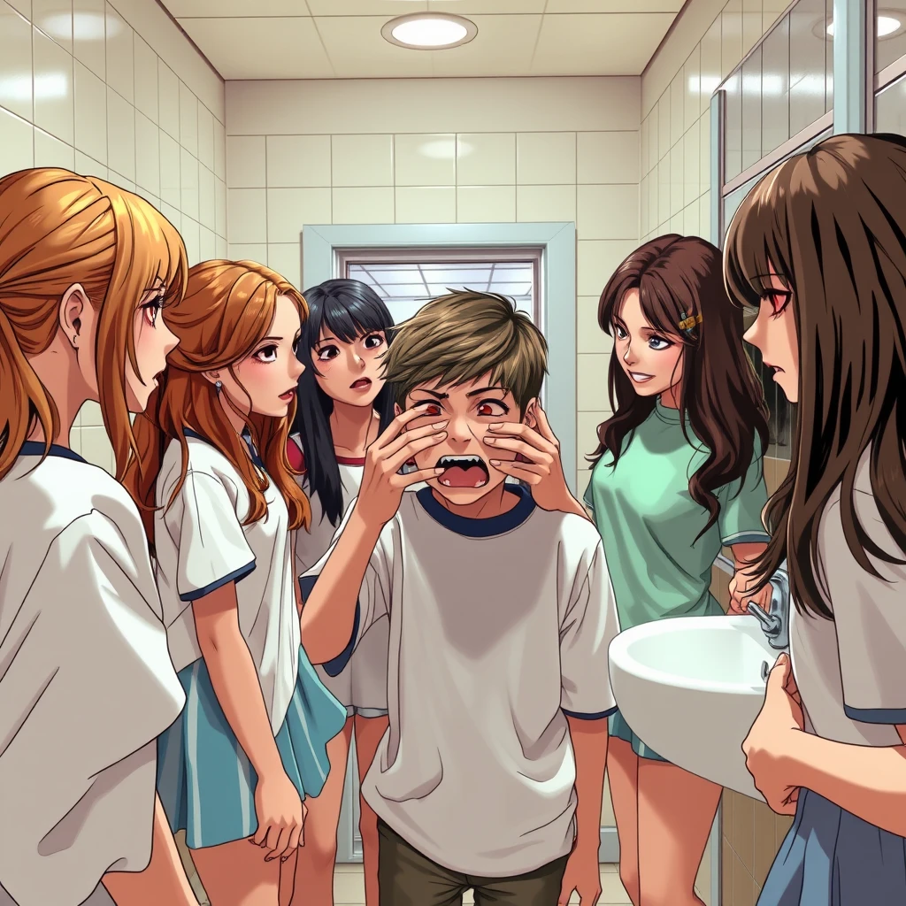 A group of beautiful girls bullies a boy in the girls' bathroom at school, hitting him in the face angrily; it’s a comic situation. - Image