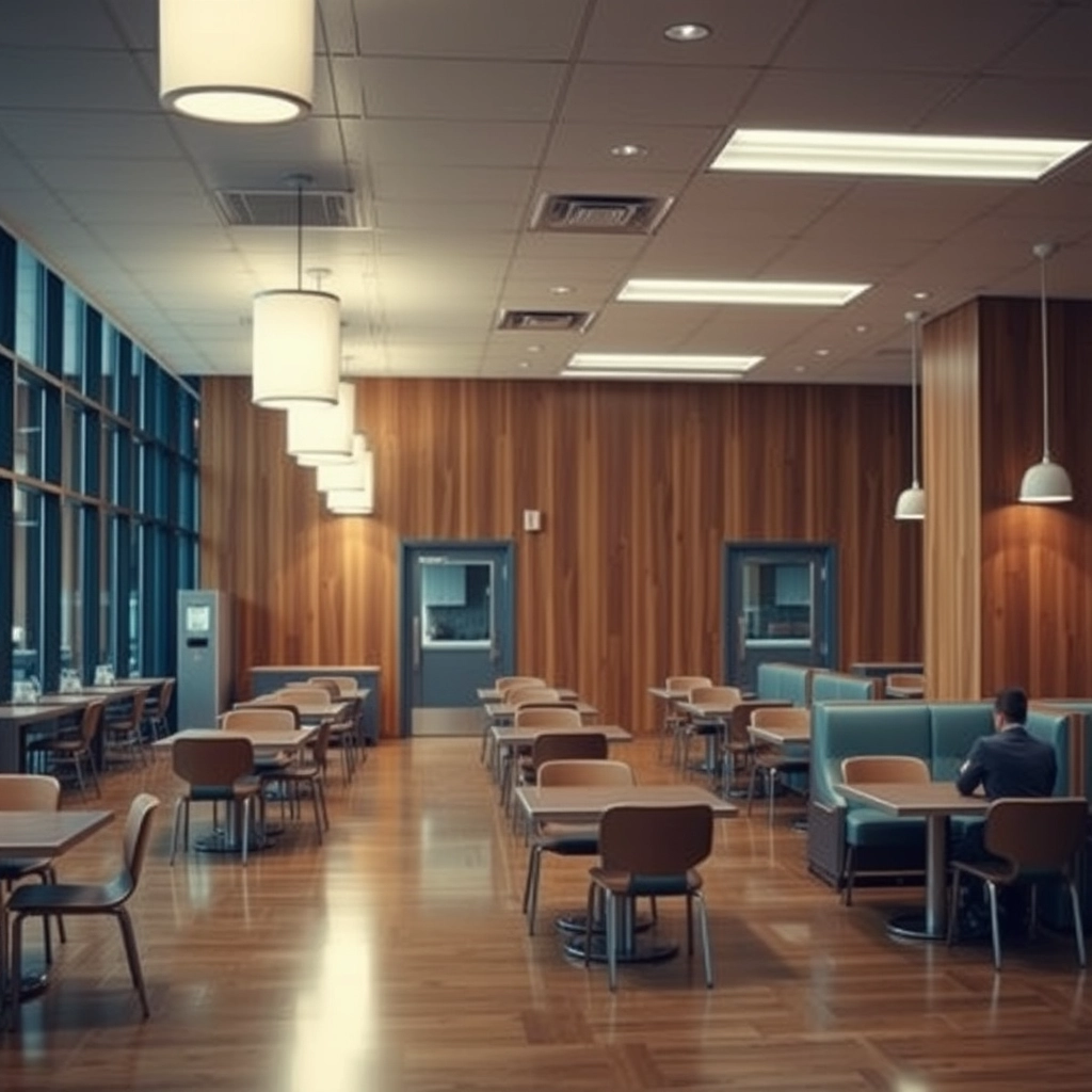 interior, company cafeteria, modern, wood panel, movie scene - Image