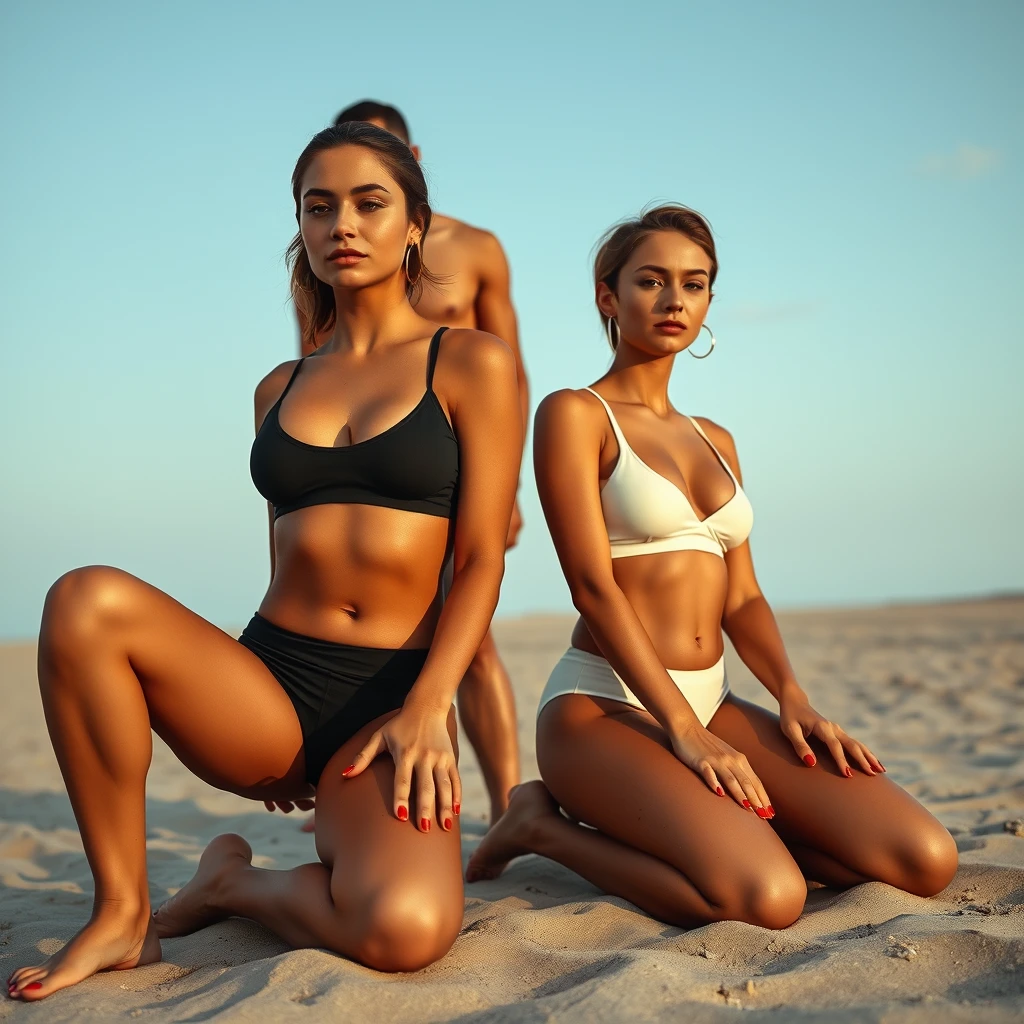 Two women in oily summer sportswear kneeling in the sand with red-painted toenails, with a man standing behind them with his hand on their hair.