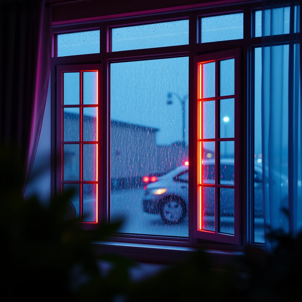 A large east design window, there was a huge rainstorm outside the window, aesthetic sense, royal blue, glowing neon yellow, pink, depth of field, foreground blur, comfortable, comfortable, relaxed, [1 cat:0.3], master composition.