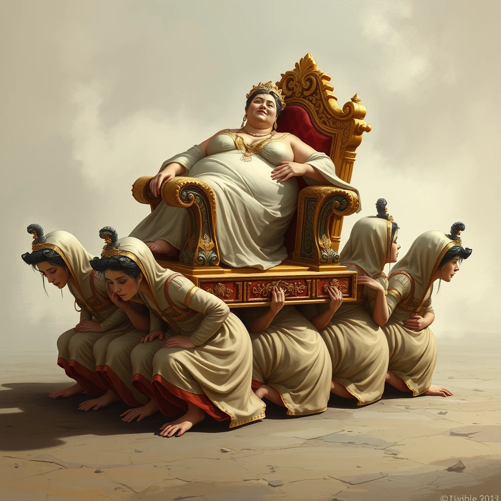 A group of palace maids crawled forward, carrying a luxurious throne on their backs, while a plump empress rested atop it. - Image