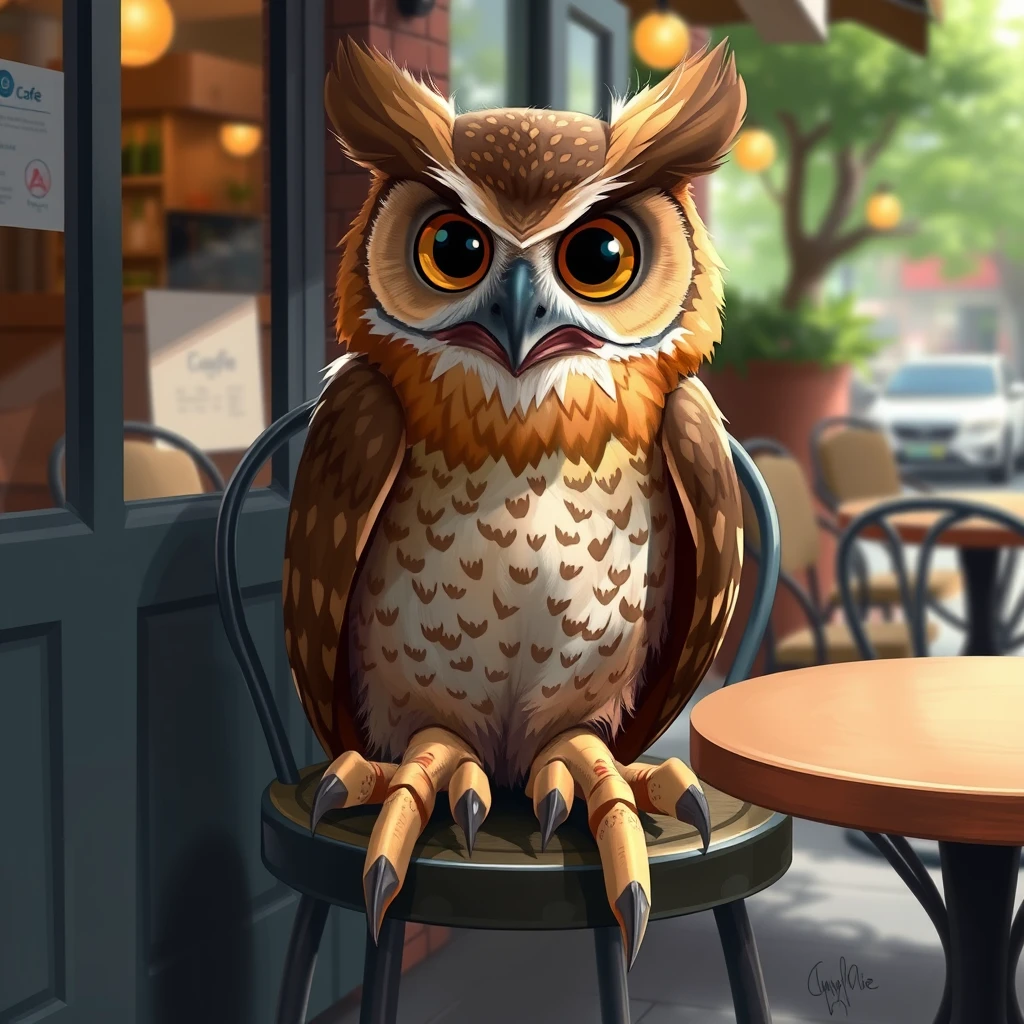 Digital art, an anthropomorphic owl sitting on a chair outside a cafe, barefoot and showing off his talon feet.