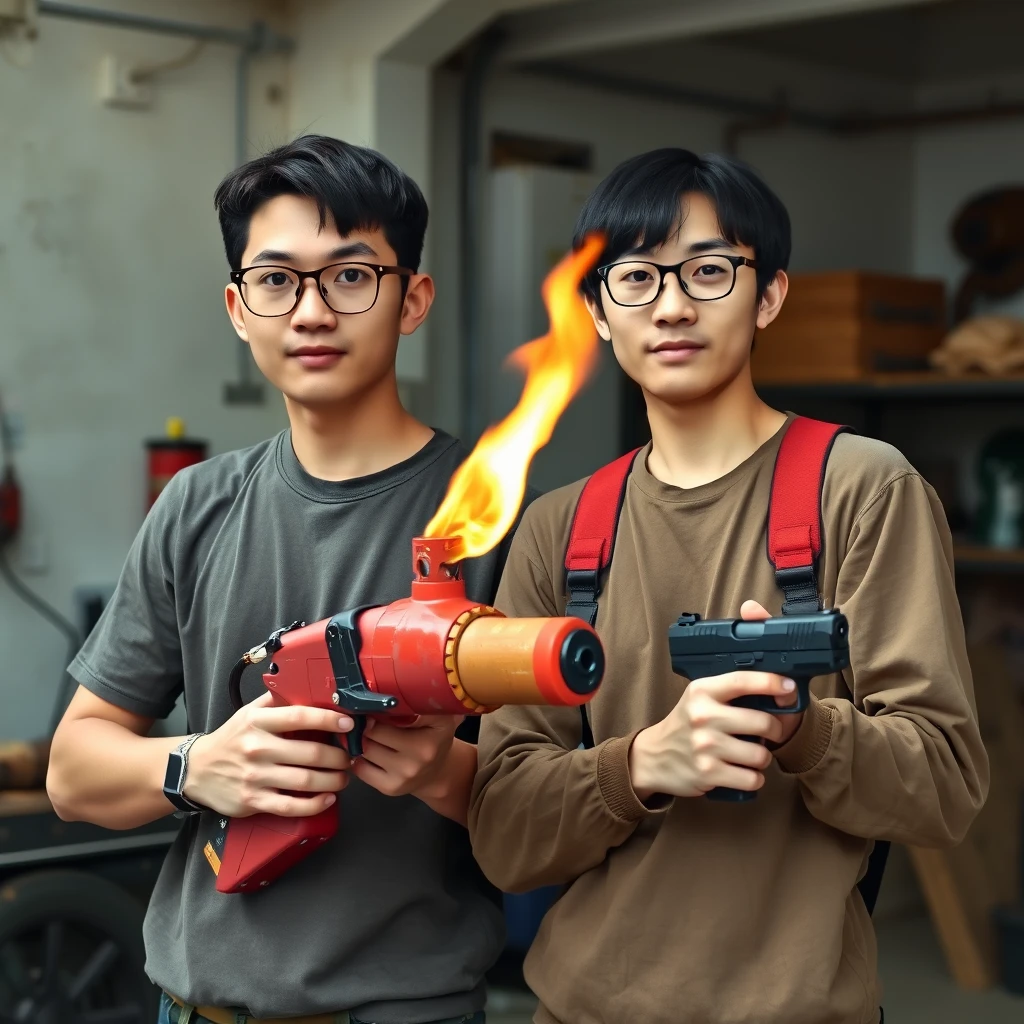 A set of 2 persons, 2 men, both are 21 years old, 1 Caucasian man and 1 Northern Chinese man, together in a garage setting. The first one has the following features: he's rather thin, has round prescription glasses, short black hair, and is holding a very large fire extinguisher flamethrower. The second one has a thin long face, wears square prescription glasses, has medium to long fringe hair, and is holding a pistol. - Image