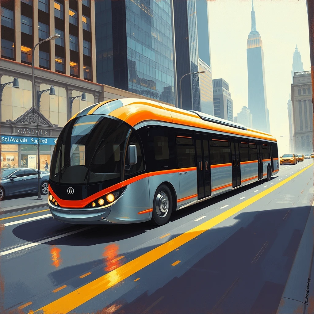 3/4 view, a futuristic high-speed bus concept in a city setting, a painting by Syd Mead, 4k, detailed.